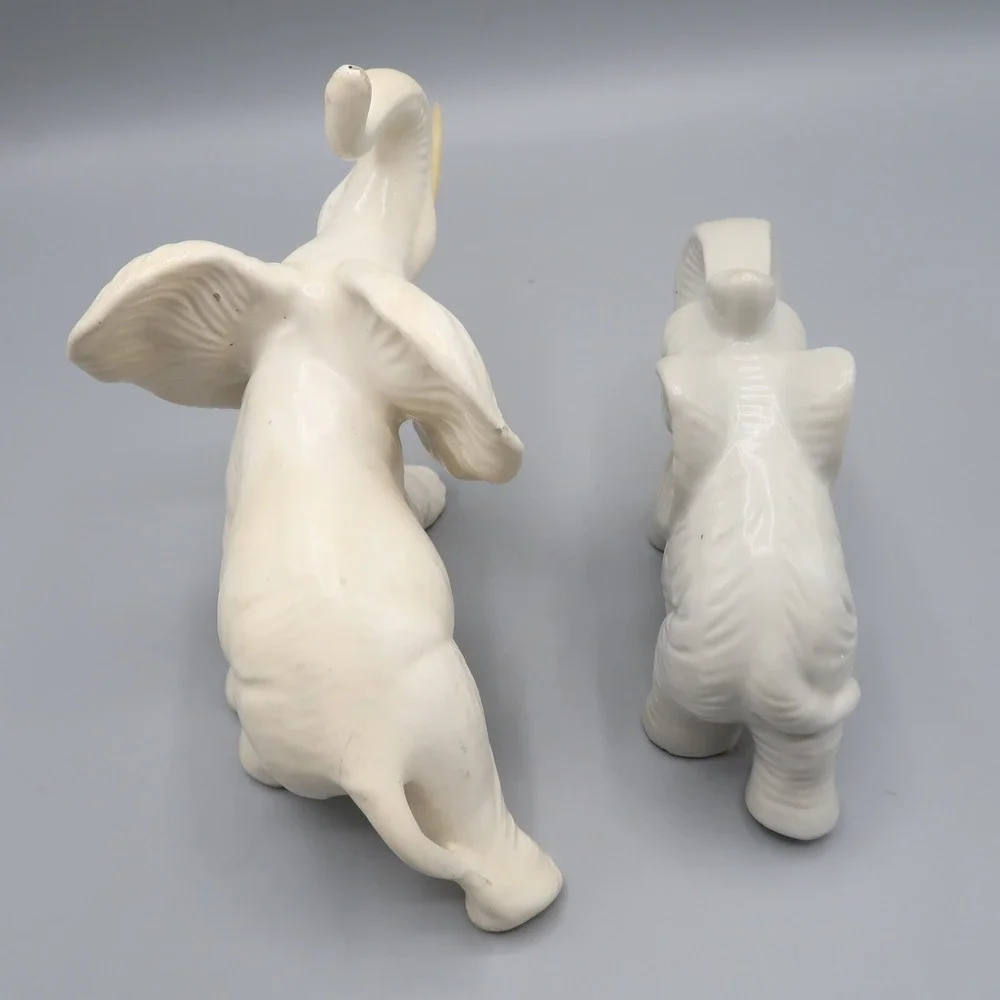 2 White Ceramic Elephant Figurine Trunk Up‎ Tusks 6in & 4in Lot of 2 set